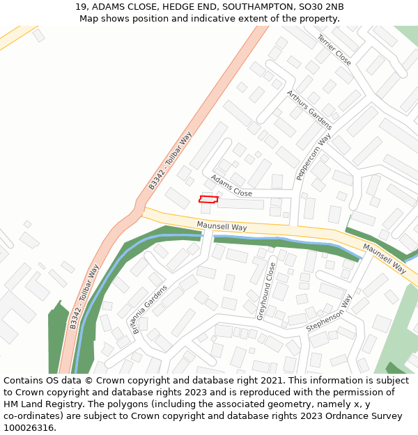 19, ADAMS CLOSE, HEDGE END, SOUTHAMPTON, SO30 2NB: Location map and indicative extent of plot