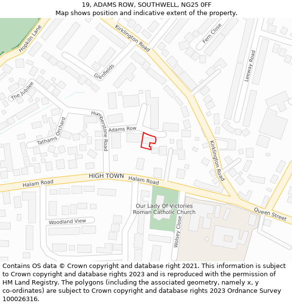 19, ADAMS ROW, SOUTHWELL, NG25 0FF: Location map and indicative extent of plot