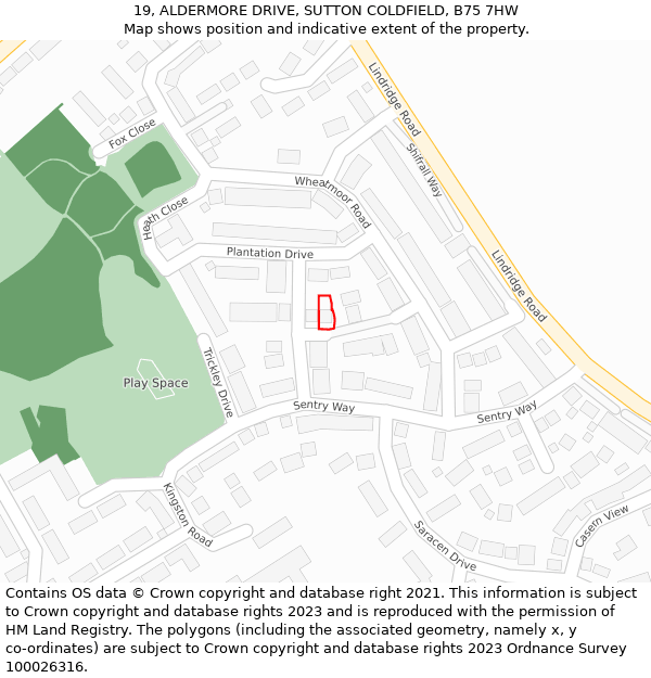 19, ALDERMORE DRIVE, SUTTON COLDFIELD, B75 7HW: Location map and indicative extent of plot