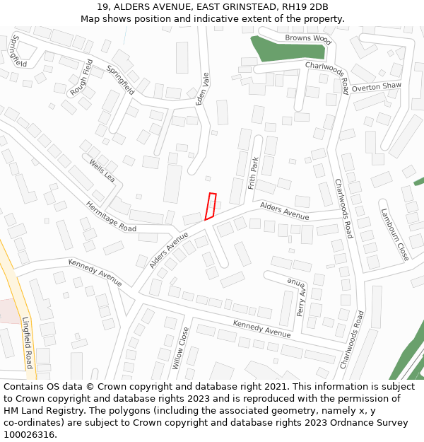 19, ALDERS AVENUE, EAST GRINSTEAD, RH19 2DB: Location map and indicative extent of plot