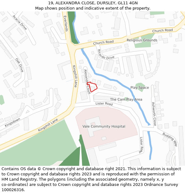 19, ALEXANDRA CLOSE, DURSLEY, GL11 4GN: Location map and indicative extent of plot