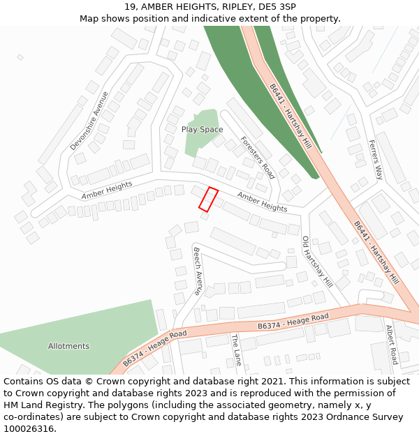 19, AMBER HEIGHTS, RIPLEY, DE5 3SP: Location map and indicative extent of plot