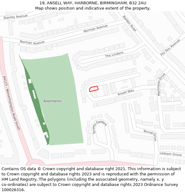 19, ANSELL WAY, HARBORNE, BIRMINGHAM, B32 2AU: Location map and indicative extent of plot