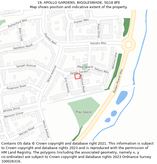 19, APOLLO GARDENS, BIGGLESWADE, SG18 8FE: Location map and indicative extent of plot