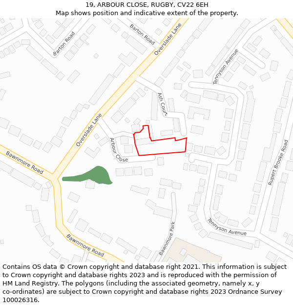 19, ARBOUR CLOSE, RUGBY, CV22 6EH: Location map and indicative extent of plot