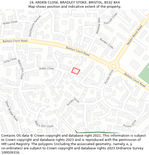 19, ARDEN CLOSE, BRADLEY STOKE, BRISTOL, BS32 8AX: Location map and indicative extent of plot