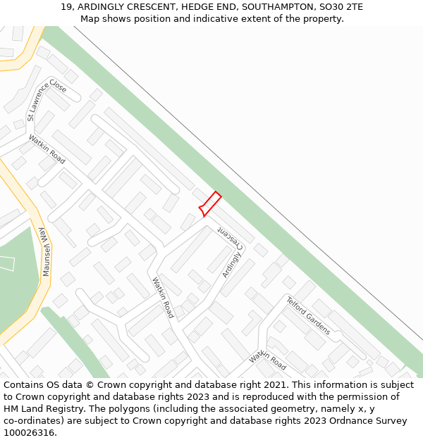 19, ARDINGLY CRESCENT, HEDGE END, SOUTHAMPTON, SO30 2TE: Location map and indicative extent of plot