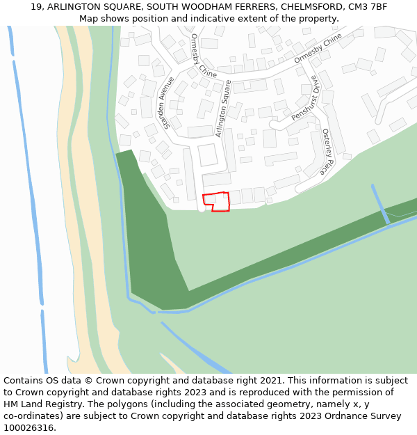 19, ARLINGTON SQUARE, SOUTH WOODHAM FERRERS, CHELMSFORD, CM3 7BF: Location map and indicative extent of plot