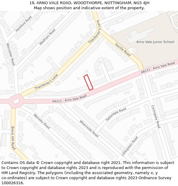 19, ARNO VALE ROAD, WOODTHORPE, NOTTINGHAM, NG5 4JH: Location map and indicative extent of plot