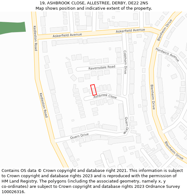 19, ASHBROOK CLOSE, ALLESTREE, DERBY, DE22 2NS: Location map and indicative extent of plot