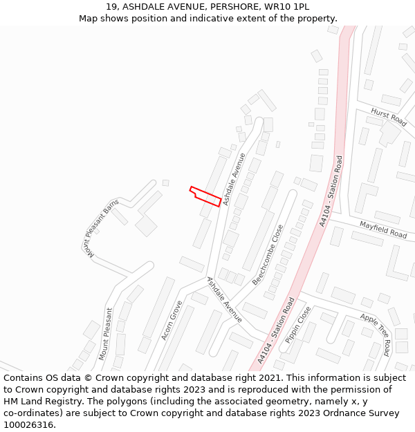 19, ASHDALE AVENUE, PERSHORE, WR10 1PL: Location map and indicative extent of plot