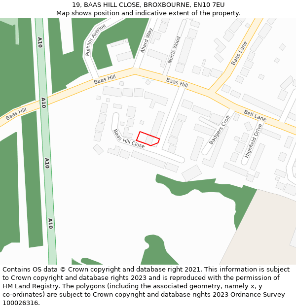 19, BAAS HILL CLOSE, BROXBOURNE, EN10 7EU: Location map and indicative extent of plot