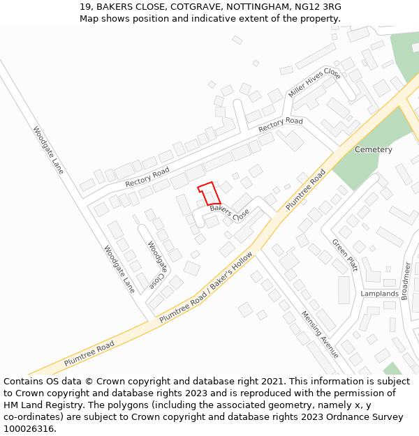 19, BAKERS CLOSE, COTGRAVE, NOTTINGHAM, NG12 3RG: Location map and indicative extent of plot