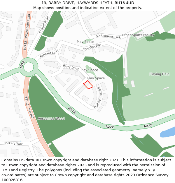 19, BARRY DRIVE, HAYWARDS HEATH, RH16 4UD: Location map and indicative extent of plot