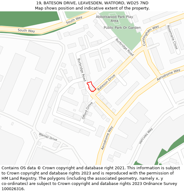 19, BATESON DRIVE, LEAVESDEN, WATFORD, WD25 7ND: Location map and indicative extent of plot