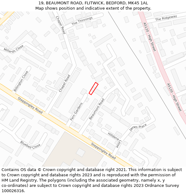 19, BEAUMONT ROAD, FLITWICK, BEDFORD, MK45 1AL: Location map and indicative extent of plot