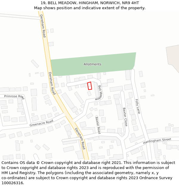 19, BELL MEADOW, HINGHAM, NORWICH, NR9 4HT: Location map and indicative extent of plot