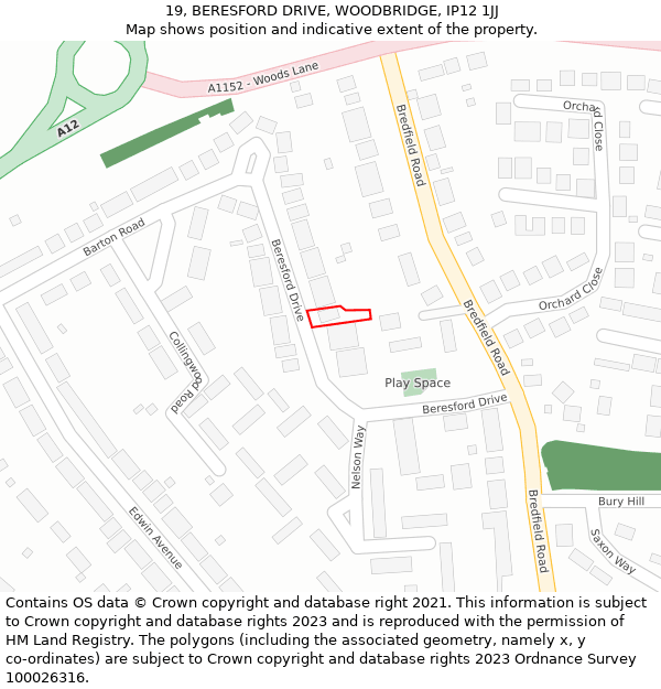 19, BERESFORD DRIVE, WOODBRIDGE, IP12 1JJ: Location map and indicative extent of plot