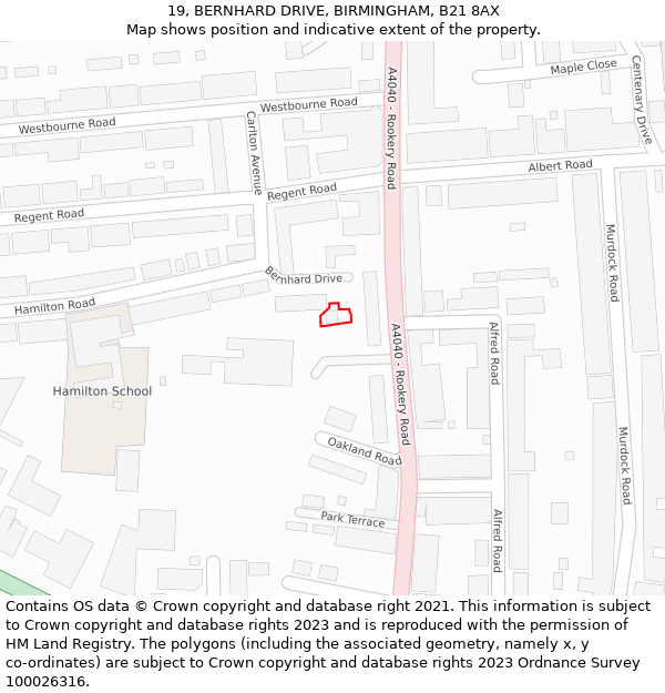 19, BERNHARD DRIVE, BIRMINGHAM, B21 8AX: Location map and indicative extent of plot