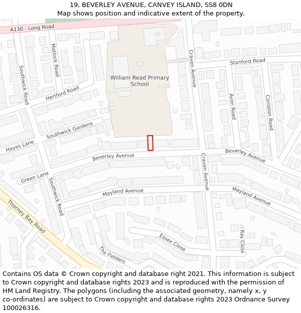 19, BEVERLEY AVENUE, CANVEY ISLAND, SS8 0DN: Location map and indicative extent of plot