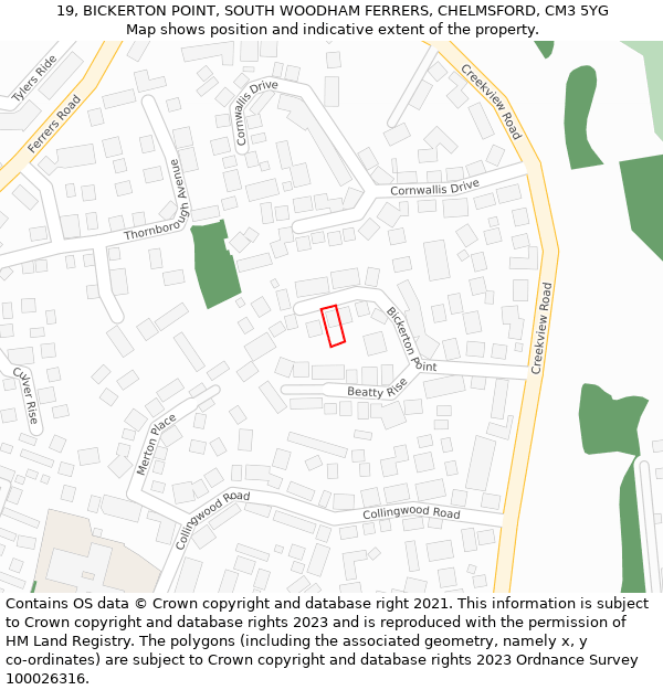 19, BICKERTON POINT, SOUTH WOODHAM FERRERS, CHELMSFORD, CM3 5YG: Location map and indicative extent of plot