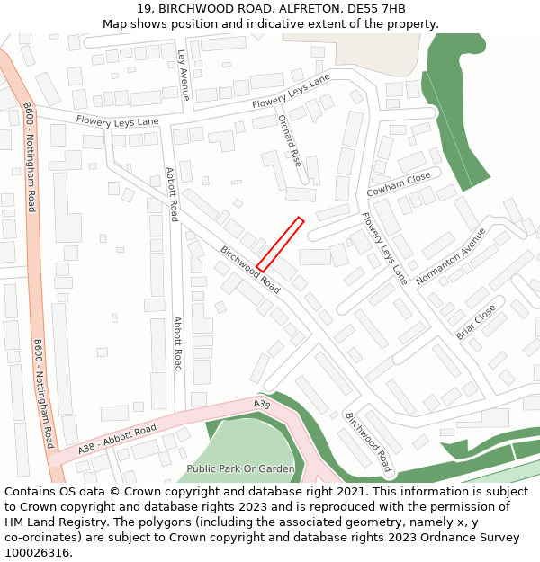 19, BIRCHWOOD ROAD, ALFRETON, DE55 7HB: Location map and indicative extent of plot