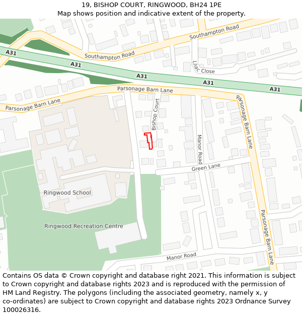 19, BISHOP COURT, RINGWOOD, BH24 1PE: Location map and indicative extent of plot