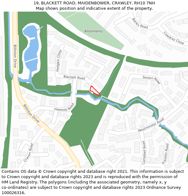 19, BLACKETT ROAD, MAIDENBOWER, CRAWLEY, RH10 7NH: Location map and indicative extent of plot