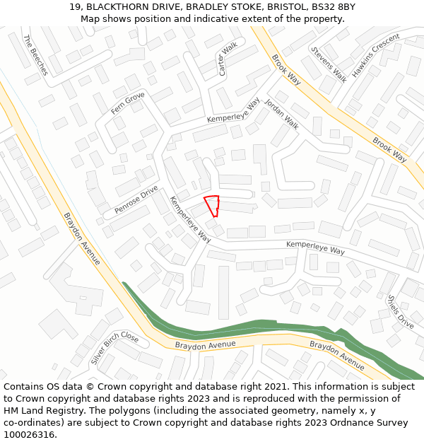 19, BLACKTHORN DRIVE, BRADLEY STOKE, BRISTOL, BS32 8BY: Location map and indicative extent of plot