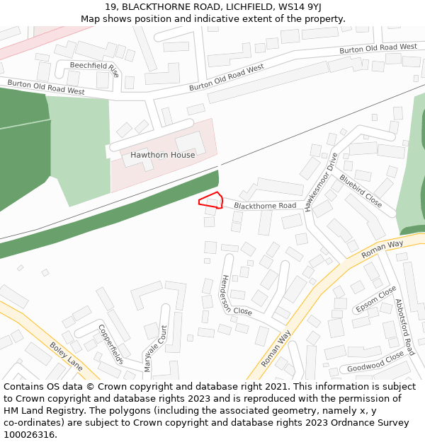 19, BLACKTHORNE ROAD, LICHFIELD, WS14 9YJ: Location map and indicative extent of plot