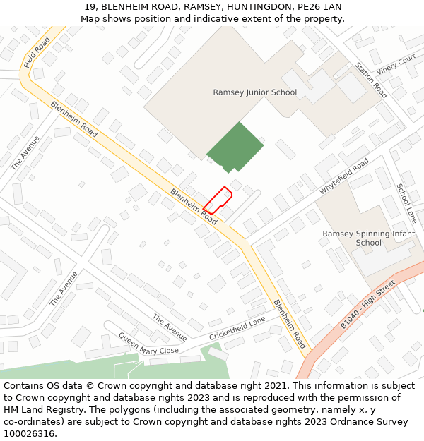 19, BLENHEIM ROAD, RAMSEY, HUNTINGDON, PE26 1AN: Location map and indicative extent of plot