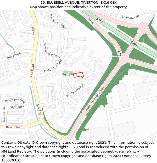 19, BLUEBELL AVENUE, TIVERTON, EX16 6SX: Location map and indicative extent of plot