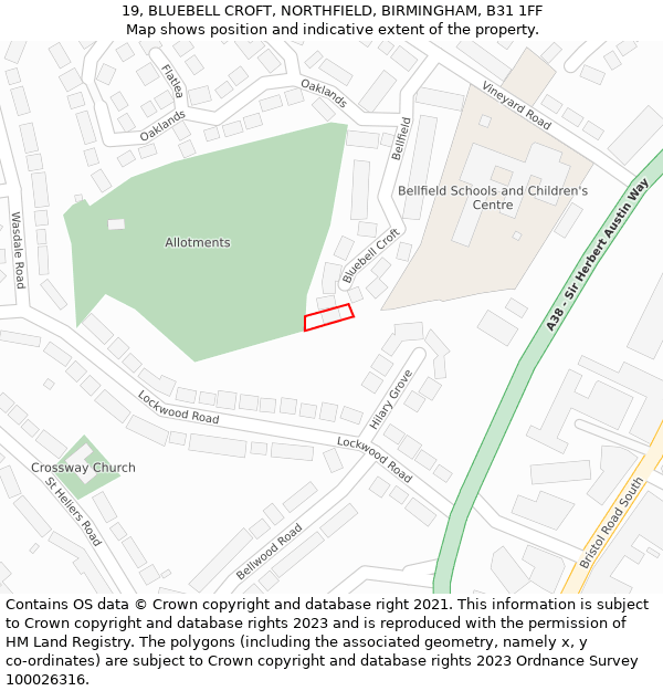 19, BLUEBELL CROFT, NORTHFIELD, BIRMINGHAM, B31 1FF: Location map and indicative extent of plot