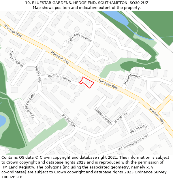 19, BLUESTAR GARDENS, HEDGE END, SOUTHAMPTON, SO30 2UZ: Location map and indicative extent of plot