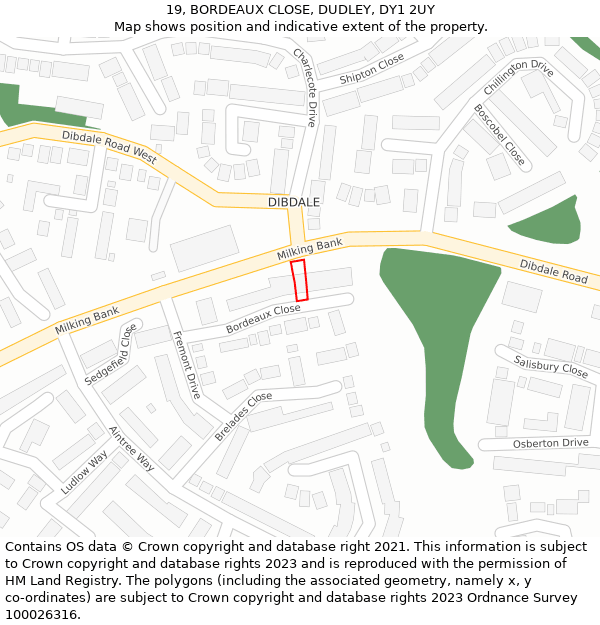 19, BORDEAUX CLOSE, DUDLEY, DY1 2UY: Location map and indicative extent of plot