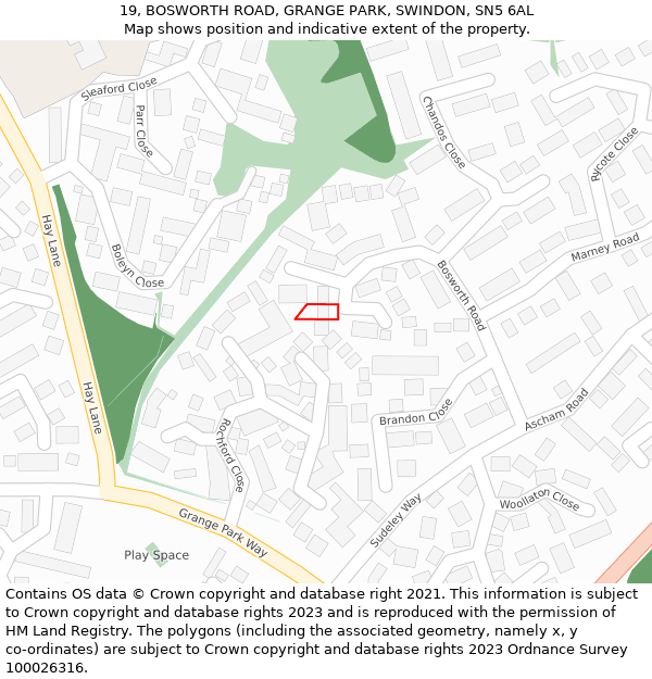19, BOSWORTH ROAD, GRANGE PARK, SWINDON, SN5 6AL: Location map and indicative extent of plot