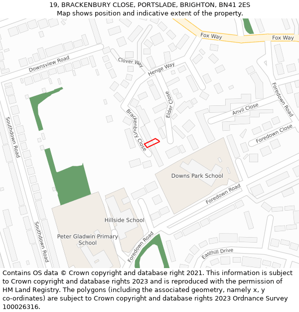 19, BRACKENBURY CLOSE, PORTSLADE, BRIGHTON, BN41 2ES: Location map and indicative extent of plot