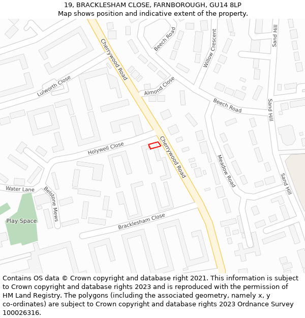 19, BRACKLESHAM CLOSE, FARNBOROUGH, GU14 8LP: Location map and indicative extent of plot