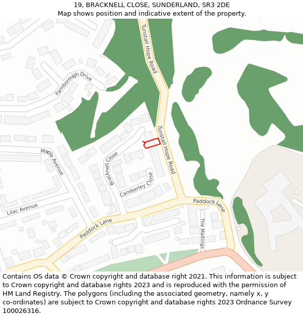 19, BRACKNELL CLOSE, SUNDERLAND, SR3 2DE: Location map and indicative extent of plot