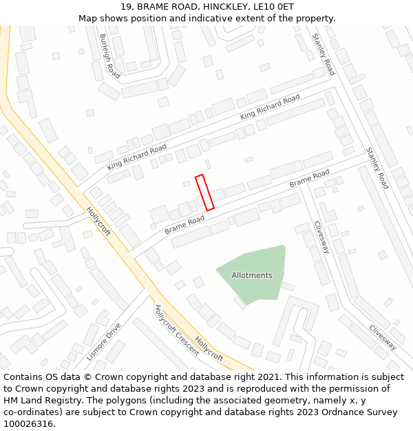 19, BRAME ROAD, HINCKLEY, LE10 0ET: Location map and indicative extent of plot