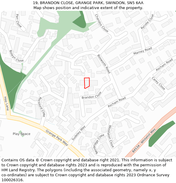 19, BRANDON CLOSE, GRANGE PARK, SWINDON, SN5 6AA: Location map and indicative extent of plot