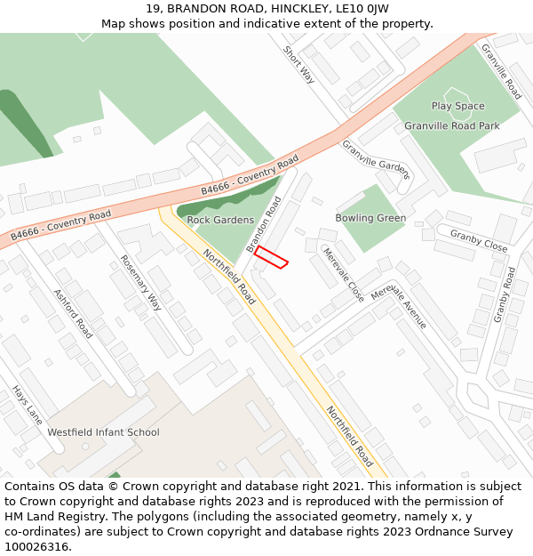 19, BRANDON ROAD, HINCKLEY, LE10 0JW: Location map and indicative extent of plot