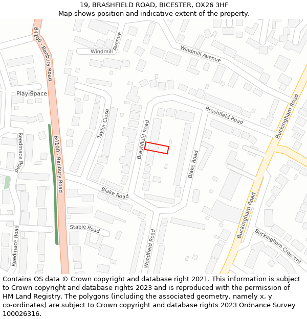 19, BRASHFIELD ROAD, BICESTER, OX26 3HF: Location map and indicative extent of plot