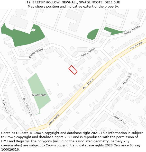 19, BRETBY HOLLOW, NEWHALL, SWADLINCOTE, DE11 0UE: Location map and indicative extent of plot