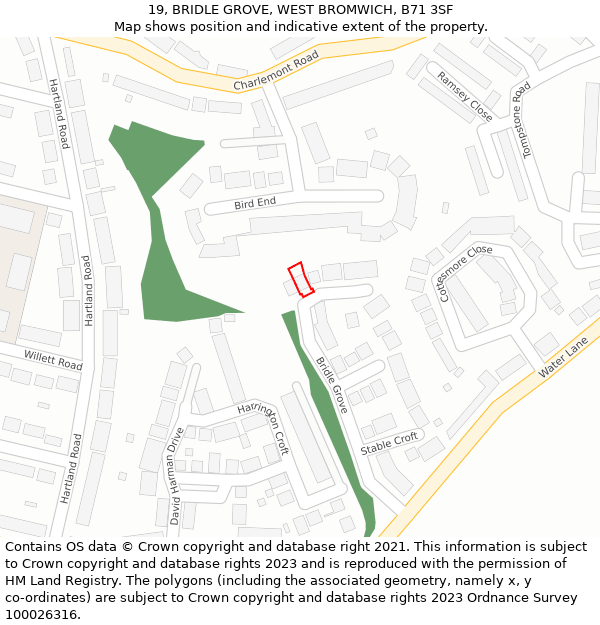 19, BRIDLE GROVE, WEST BROMWICH, B71 3SF: Location map and indicative extent of plot