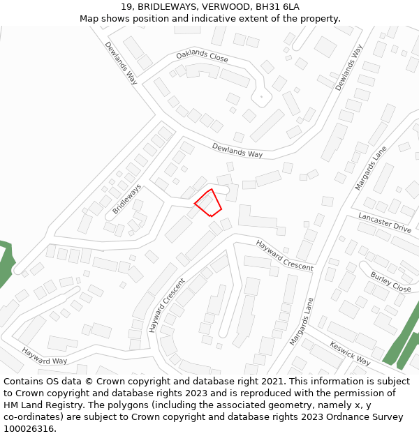 19, BRIDLEWAYS, VERWOOD, BH31 6LA: Location map and indicative extent of plot