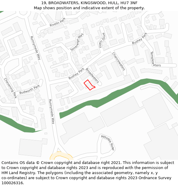 19, BROADWATERS, KINGSWOOD, HULL, HU7 3NF: Location map and indicative extent of plot