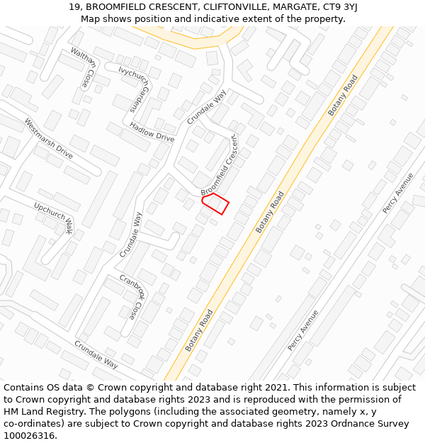 19, BROOMFIELD CRESCENT, CLIFTONVILLE, MARGATE, CT9 3YJ: Location map and indicative extent of plot