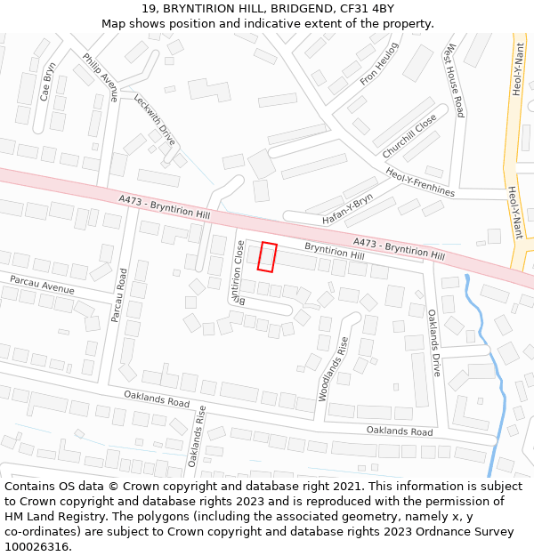 19, BRYNTIRION HILL, BRIDGEND, CF31 4BY: Location map and indicative extent of plot