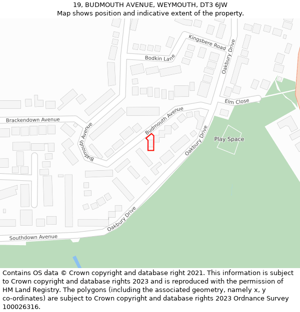 19, BUDMOUTH AVENUE, WEYMOUTH, DT3 6JW: Location map and indicative extent of plot
